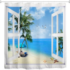 goodbath Beach Shower Curtain 3D Ocean Seascape Sky Palm Trees Seagull Window View Anti Mould Bath Curtains for Bathroom 71x72 Inch