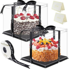 Pack of 2 Transparent Cake Boxes 30 x 30 x 25 cm Cake Boxes with Cake Cover Cake Transport Box Cake Box with Base and Ribbon and Birthday Card for Birthday Dessert Cake (Black)