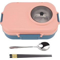 Insulated Box, 3 Compartments, Box, Stainless Steel Lunch Box, Thermal Food Container with Spoon, Sticks and Soup Bowl for Office, School, Camping, Adults, Children, 37 oz (Pink)