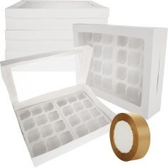JMIATRY Cupcake Boxes with 24 Holes Cupcake Boxes with Window, Inserts and Ribbons, White, 24 Cupcake Boxes for Cupcakes and Muffins, 43 x 31 x 9 cm, Pack of 10