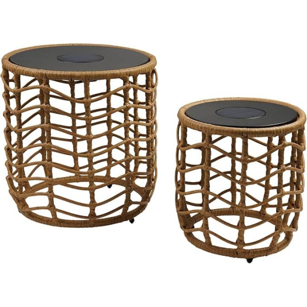 2 x Nerita Solar Powered Polyrattan Light Tables - Natural Effect - Pack of 2
