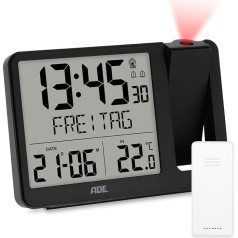 ADE Digital Radio Alarm Clock with Projection and Outdoor Sensor, Projection Alarm Clock with 2 Alarm Times, Clock with Temperature Display, Date and Day of the Week, Includes Power Cable, Black