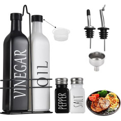 2 x glass oil bottle, 500 ml, vinegar and oil dispenser with pourer, tarnish-proof lid, label, glass bottle with caddy holder and stainless steel spout with 2 x 80 ml spice jar