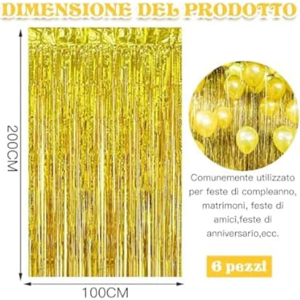 Scettar Curtain with Fringe 6 Pieces Metal Curtains for Parties, 1 x 2m Metal Curtains for Birthdays, Baby Showers and Weddings (Gold)