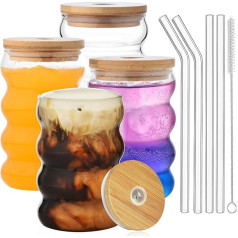 ALINK Plus Size Ribbed Drinking Glasses with Lid and Straw, Set of 4, 530 ml Bubble Glass, Iced Coffee Glasses, Wave Glass, Water Glasses, Long Drink Glasses for Cocktails, Water, Soda, Gift