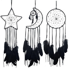 Dream Catcher Star, Moon and Sun Shape, 3 Pieces Home Decoration and Baby Nursery Accessories - Dream Catcher with Feather Decoration - Unique Wall Hanging for Home (Black)