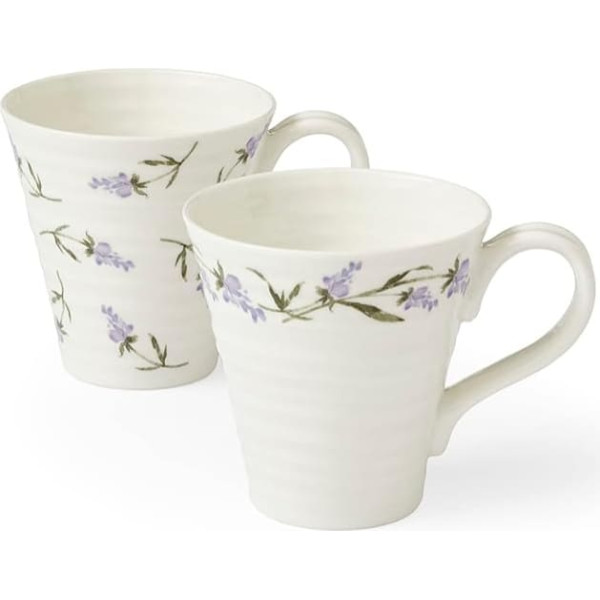 Portmeirion Sophie Conran Lavandula Coffee Mugs Set of 2 Porcelain Coffee Cups Lavender Branch Flower Design Hot Drink Tea Cup with Handle Dishwasher and Microwave Safe (340 ml