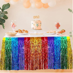 Rainbow Metallic Foil Decorations, 2 Pieces Colorful Sparkly Wavy Tinsel Foil Fringe Party Table Skirt Decoration Set for Birthday Wedding Holiday Party Decoration (29