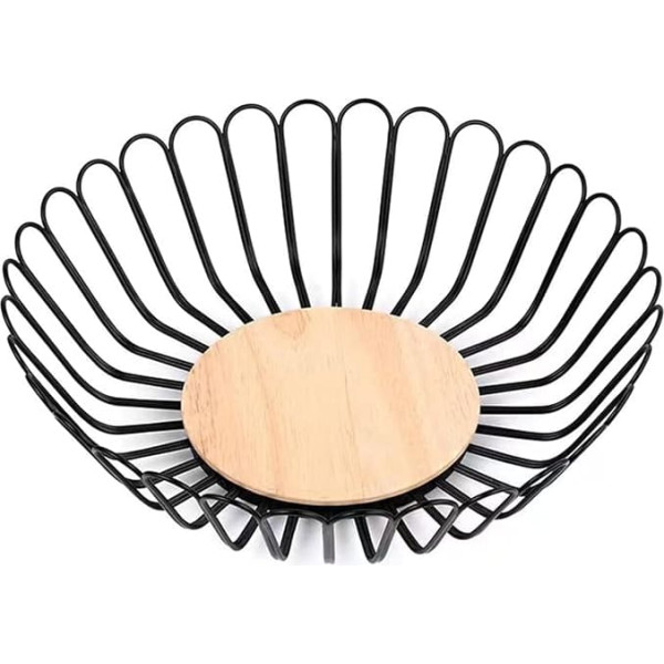 Soulnioi Fruit Basket Iron Wire Fruit Bowl with Wooden Base Round Fruit Storage for Vegetables Snack Bread Home Decor - Black