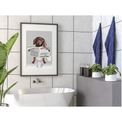 Chocolate Brown Dachshund On Toilet Bathroom Wall Art Picture Print - Black White Grey (A4 Print Only)