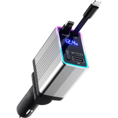 massway Cigarette Lighter USB C 120 W Car Charger, 4 in 1 Retractable Car Charger Mobile Phone Quick Charger Car Charger Compatible with iPhone 16/15/14/13/Samsung S24/S23/Google Pixel9/8 (Silver)