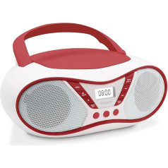 MOOOV 477411 Portable CD Player with Radio, USB, Speaker, Mini Suitcase Radio for Children and Seniors, Retro Design, MP3, Ideal for Kitchen and Children's Room, Mains Powered or Batteries, Red