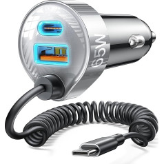 LISEN 65 W Cigarette Lighter USB C 1.5 m Car Charger USB C Spiral Cable Quick Car Charger PD&QC3.0 Charging Cable Car Mobile Phone 12 V USB Adapter Splitter Socket for iPhone 16 15 Pro Max, Samsung