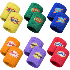 Gejoy Pack of 24 Children's Sports Bracelets Colourful Wrist Sweatbands Cotton Terry Cloth Bracelets with Pow Zap Design for Sports Birthday Party Favours, 6 Styles