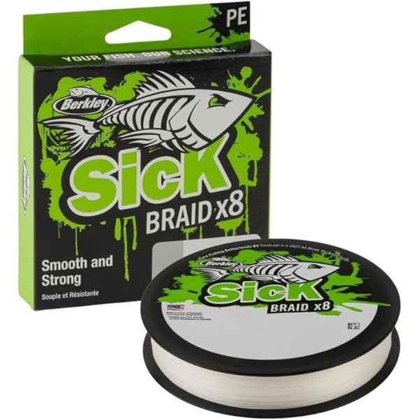 Berkley Sick Braid 8 Way Braided Fishing Line, Fishing Lines 300 m for Freshwater or Saltwater Sea Fishing White or Black (White, 0.10 mm - 7.5 kg)