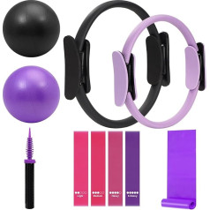 WOCUME Pilates Ring, Fitness Circles, Double Padded Handles, Pilates Equipment Set for Women, Includes 2 Pilates Rings, 2 Pilates Mini Balls and 5 Resistance Bands at Home, Pilates Workout Set