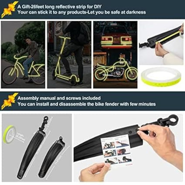 Bicycle Mudguard Set with 8M Reflective Tape, 2 Pieces Universal Full Coverage Thick Wide Bicycle Mudguard Front/Rear Fits 20