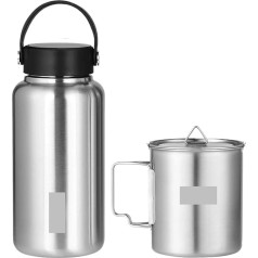 GOPEO 1050 ml Stainless Steel Water Bottle, Leak-Proof, Sports Kettle with 750 ml Cup, Coffee Cup, Hanging Pot for Camping, Hiking (Color : Bottle and Cup)