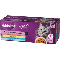 WHISKAS Aromatic Selection Multipack Wet Cat Food 1+, 40 x 85 g, 4 Flavours: Pork, Chicken, Salmon, Sea Fish in Sauce