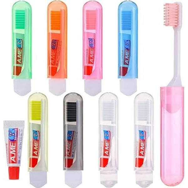 Apricitie Pack of 8 Travel Toothbrush with Toothpaste, Foldable Travel Toothbrush Set, Travel Toothbrush Mini Toothbrush for On the Go Travel Children Adults (Colourful)