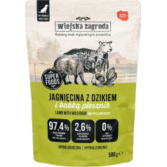 Wiejska Zagroda jēra gaļa ar mežacūkām mitrā barība suņiem 500g