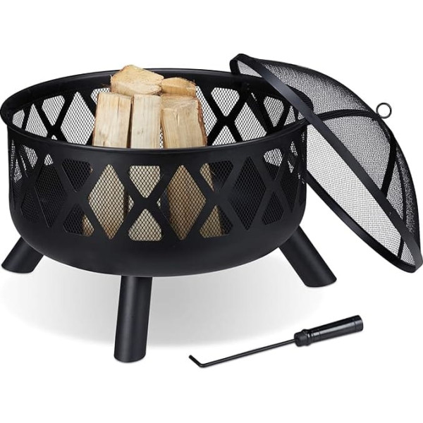 Relaxdays Fire Bowl With Spark Guard, Diameter 62 cm, with Poker, for Garden, Terrace, Outdoor Fire Pit, Steel, Black