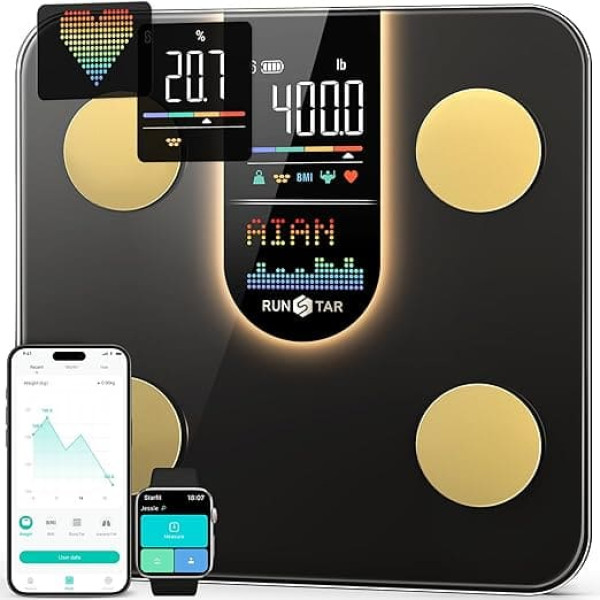 RunSTAR Body Fat Scales Digital Bathroom Scales with 8-in-1 VA Display for Body Weight, Heart Rate, BMI, Body Fat and Analysis of 22 Body Parameters with App Sync