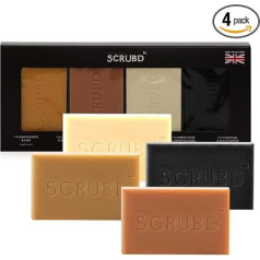 SCRUBD Mens Soap - 4 Pack Soap Bars for Men - Amber Musk & Sweetskin, Lemongrass & Lime, Charcoal & Black Pepper, Cedarwood & Grapefruit Soap Bar - 4 x 110g