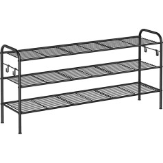 SONGMICS Shoe Rack, Shoe Rack with 3 Levels, Metal Shelf with 4 Side Hooks, Holds 18 Pairs of Shoes, Height Adjustable Shelf, for Entrance, Hallway, Wardrobe, Easy Assembly, Ink Black