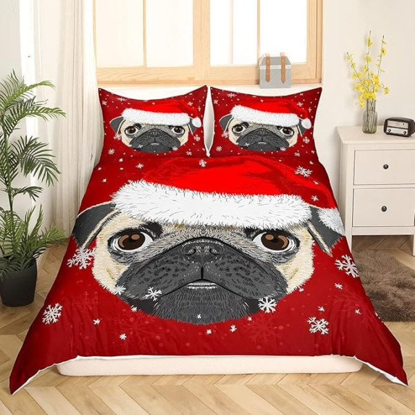 Christams Dog Bedding Set for Girls, Boys, Kids, Cute Cartoon Pug with Christmas Hat, Bedding & Linen for Single Bed, 2 Pieces