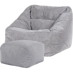 Icon Natalia Bean Bag Chair with Stool for Adults, Grey, Fluffy Corduroy Fabric, Giant Bean Bag Cord with Filling, Bean Bag Chair, Comfortable Chair for Living Room, Lounge, Bedroom, Office