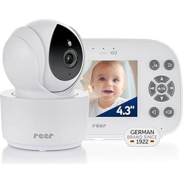 reer BabyCam XL Move Digital Video Baby Monitor, Interception-Proof FHSS Technology, 4.3 Inch TFT Screen, 300 m Range, Pan & Tilt Camera, Night Vision, Intercom Function, White