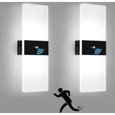 Pack of 2 Indoor Wall Lights, 2.8 W LED Wall Lamp with Motion Sensor, 4000 mAh Battery, USB Rechargeable, Acrylic Aluminium Wall Lighting, Modern Hallway Lamp, Bedroom, Staircase, Living Room, Black,
