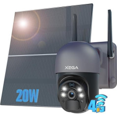 Xega 4G LTE Surveillance Camera with SIM Card Outdoor, 20 W Solar Panel, 20,000 mAh Battery, 2K 3MP PTZ Solar Wireless Surveillance Camera without WiFi, 355°/95° Swivel, Colour Night Vision, PIR