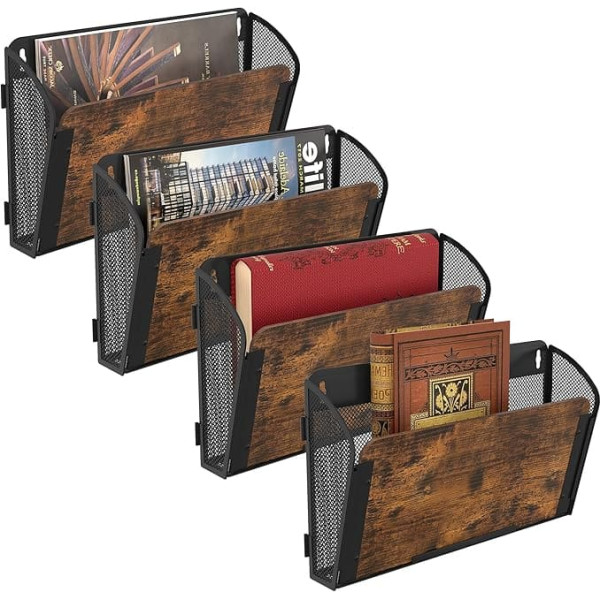 TQVAI 4 Pockets Metal Wood A4 Magazine Holder Wall Hanging File Wall Holder Document Tray Flyer Holder Hanging Organiser Brochure Stand Black/Antique