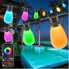 Gaoxun Lichterkette Außen, New Upgraded 15M RGBW Outdoor Lichterkette Bunt Strom 15 LED S14 Glühbirne, App-Steuerung, Dimmbar, Musik Sync, Timer, IP65 Wasserdicht, für Garten Terrasse Hochzeit Party
