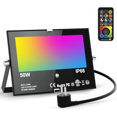 RGB LED Spotlight Outdoor 50 W Floodlight with Remote Control, 120 Colours, 5 Modes, Colour Changing Floodlight, LED Indoor, 5000 lm, Cool White, IP66 Waterproof Outdoor Spotlight for Garden, Backyard