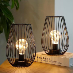 TRIROCKS Wireless Metal Table Lamp, 20 cm High, Set of 2, Cage-Shaped Battery Operated Lamp with Fairy Lights for Indoor and Outdoor Use for Christmas Garden, Weddings (Black, Set of 2)