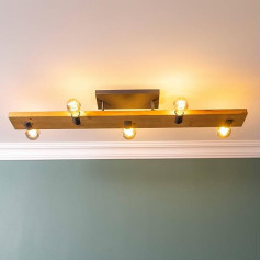 Lightbox LED Ceiling Light in Country House Style - 115 x 12.5 x 16 cm - Rustic Ceiling Light with Wooden Beams - 5 x E27 Socket - Made of Aluminium/Metal/Wood in Black/Wood