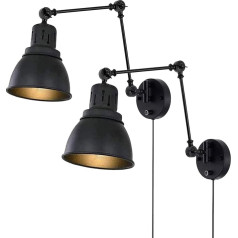 Vintage Wall Lamp with Switch and Plug, E27 Adjustable Wall Light in Industrial Style, Retro Black Rotating Bedside Lamp, Indoor Wall Lighting for Living Room, Bedroom, Office, Pack of 2