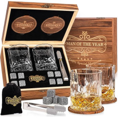 Whisiskey Whisky Glasses Set - Whiskey Gift Set Glass - Whisky Glasses - Gifts for Men - Men's Gifts - Birthday Gift Man - Gift Box, 2 Rum Glasses x 310 ml, 8 Whiskey Stones