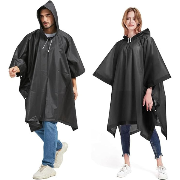 AHEJIOO Pack of 2 Reusable Rain Cape, Waterproof, Poncho, Rain, Eva Rain Poncho, Black, Unisex, for Rain Poncho, Festival, Festival Accessories, Survive, Bike, Hiking, Camping, black, Unit size