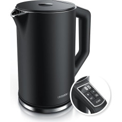 Arendo Stainless Steel Kettle with Temperature Setting 40-100 Degrees in 5 Steps, Double Wall Design, Elegant Model, 1.5 Litres, 2200 W, Kettle with Temperature Display, GS, Black