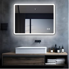 MIQU LED Bathroom Mirror with Lighting, 60 x 50 cm, Bathroom Mirror, Large Bathroom Mirror with Touch, Dimmable, Warm/White Light, Anti-Fog Wall Mirror for Bathroom, Toilet, Hallway, Rectangular Round