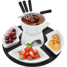 MoYouno Ceramic Chocolate Fondue Set, Cheese Fondue Sets with 4 Forks and 4 Bowls, Ceramic Butter Warmer, Non-Electric Fondue Set, Heated with a Tea Light, for Cheese, Caramel (White)