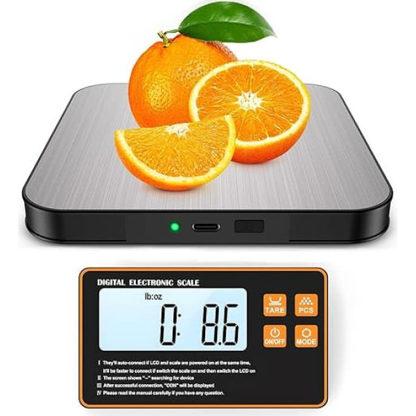 Brifit Digital Kitchen Scales 15 kg/1 g with Removable Display - Rechargeable Kitchen Scales with USB-C, Stainless Steel Surface, Gram Scales for Food, Baking, Cooking, Letter, Precision Scales
