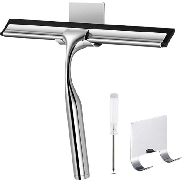 Stainless Steel Shower Squeegee, Window Cleaner, Shower Wiper with Suction Hook, Ideal for Car Glass, Mirrors, Windows, Cleaning (Silver)
