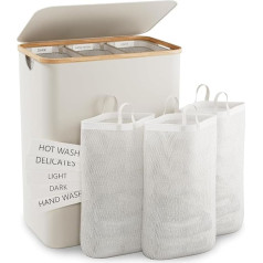 Laundry Basket with Lid, 145 L Extra Large Laundry Basket, 3 Compartments, Dirty Clothes Basket for Laundry with Removable Laundry Bags, Baskets for Bedroom, Laundry Room, Beige