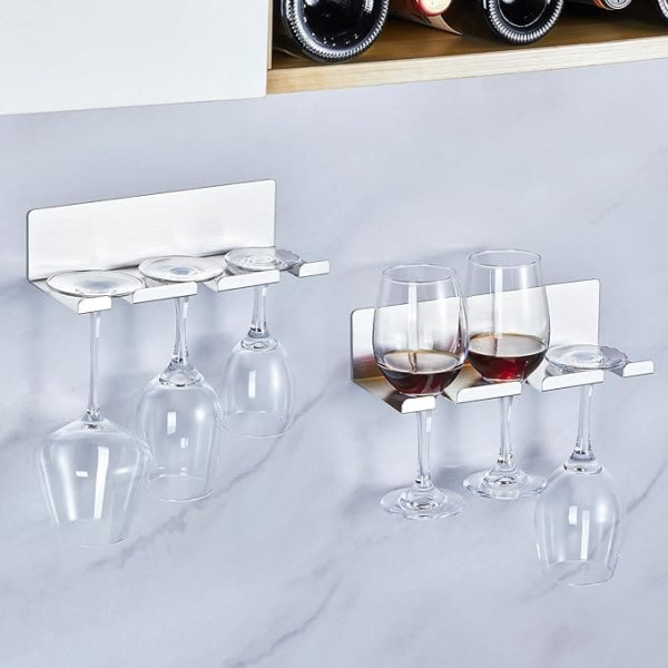 XILIMOR Wine Glass Holder Wine Glass Drying Rack Stainless Steel Hanging Stemware Rack Wall Mounted Adhesive Hanging Wine Glass Organiser Stemware Holder for Bar Restaurant Kitchen 2 Pack