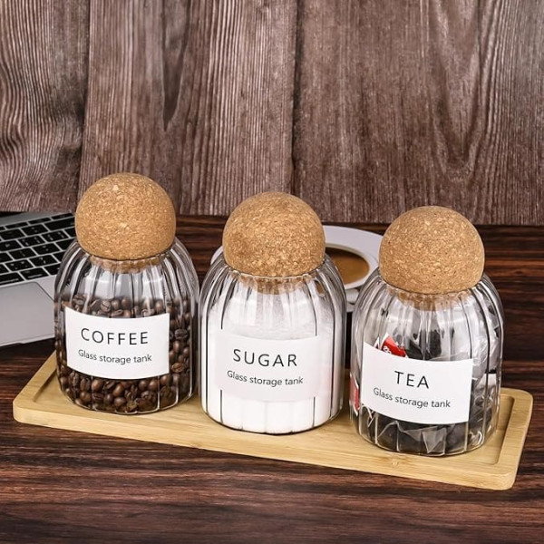 CTDMJ Tea Coffee Sugar Bowl Set - Set of 3 Cork Balls 500ml Glass Containers with Wooden Tray Tea Coffee Sugar Storage Set Decorative Storage Jars for Home Kitchen